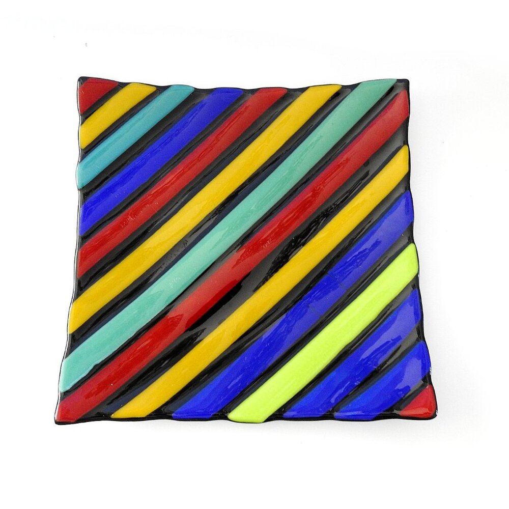 Artisan Fused Glass Plate Platter Handmade Diagonal Rainbow Stripes Decorative